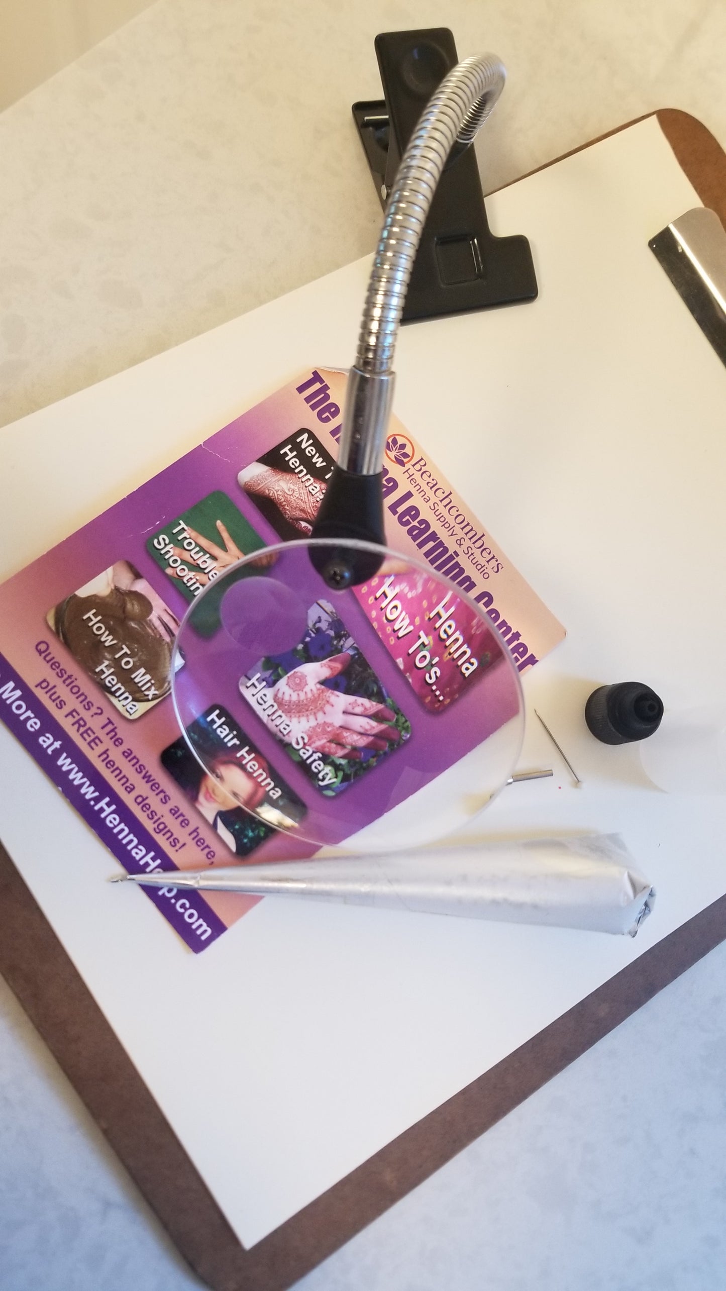 Beauty Care Henna station made easier to see or larger to view with Adjustable Magnifying Glass. 2x Round Magnifier with Clamp on sale at NSC LLC. Serves as a great Makeup Tool. Easier to see when applying beauty products.
