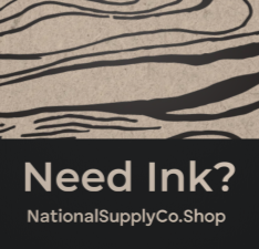 Ink swirl/wood grain with "Need Ink? NationalSupplyCo.Shop" at bottom.