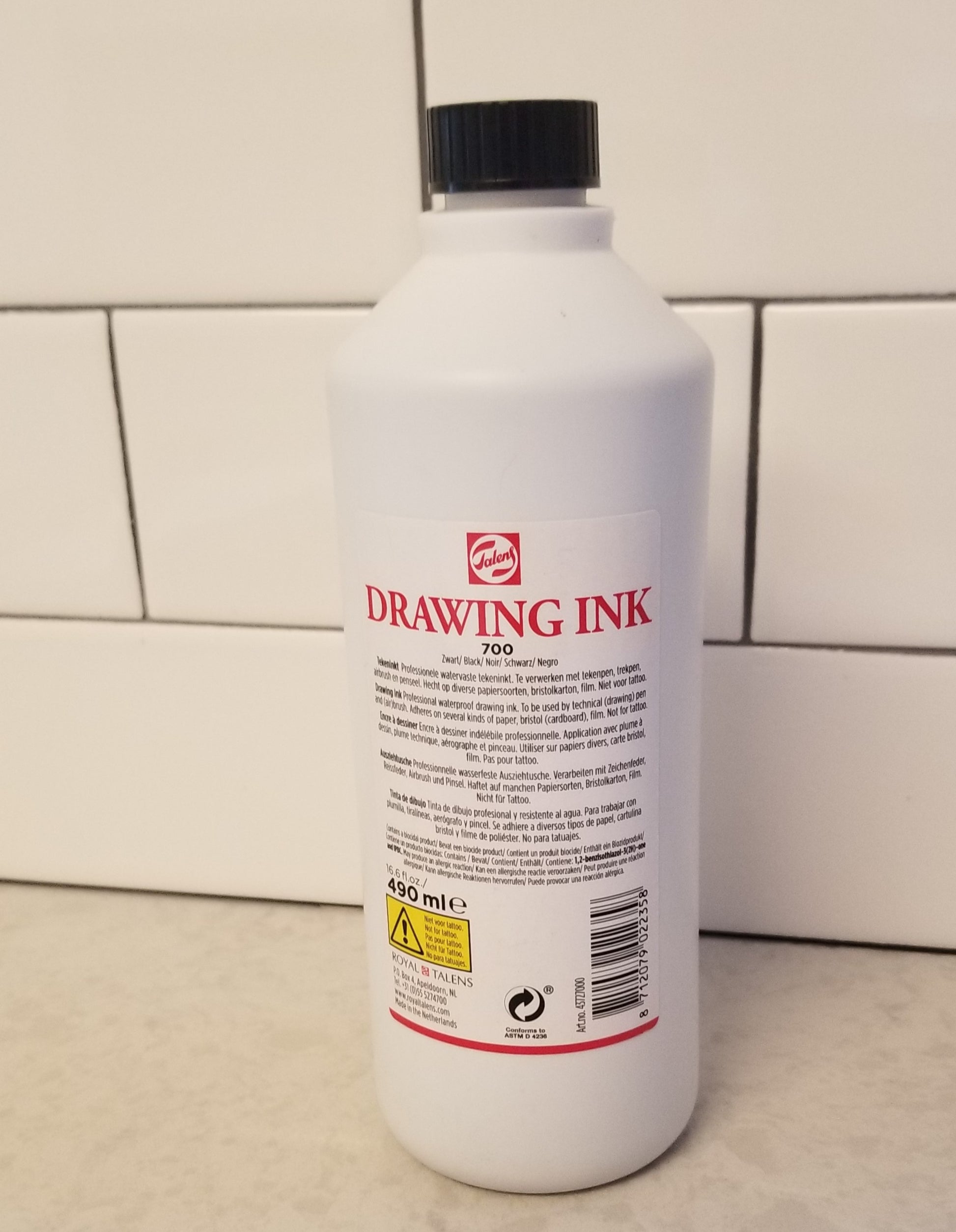 Large bottle of drawing Ink color Black 700, Waterproof. Brand Royal Talens 16.6 fl oz 490ml bottle. Available to buy through local company National Supply Company LLC. 