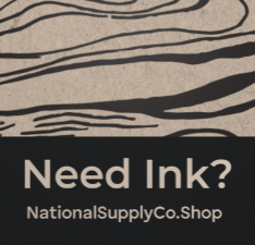 Ink swirl/wood grain with "Need Ink? NationalSupplyCo.Shop" at bottom. 